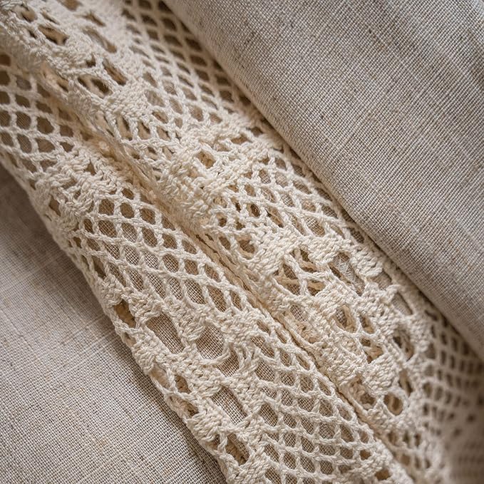 ENJOYBRIDAL Beige Curtains Crochet Lace Patchwork Drapes Curtains 96 Inch Length 2 Panels Tassel Rod Pocket Semi-Sheer Boho Bedroom Living Room Farmhouse Rustic Window Curtain Panels