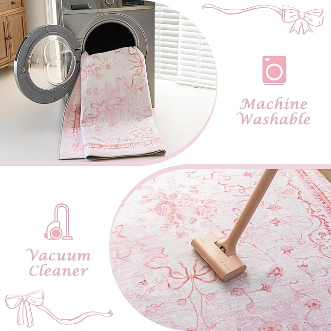 Pink Area Rugs 8x10 for Bedroom Playroom - Large Pastel Boho Classroom Rug,Washable Under Bed Bow Floral Cottagecore French Country Rug for Living Room Nursery,Cute Room Decor Aesthetic for Teen Girl