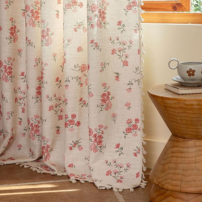 ENJOYBRIDAL Pink Floral 63 Inch Curtains 2 Panel Set Boho Tassel Drapes Short Farmhouse Rod Pocket Semi Sheer Window Curtains Bedroom Living Room Rustic Dining Room Aesthetic Decor Window Treatments
