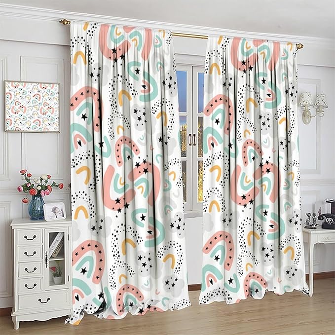 Boho Rainbow Curtains for Kids Nursery Colorful Floral Sun Star Clouds Pastel Bohemian Pattern Print Window Drapes for Girl Bedroom Living Room Kitchen Decor,2 Panel Set,55Wx63H Inch Blackout
