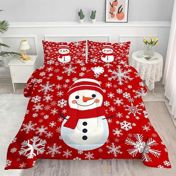 Comforter Set Christmas Snowman: Twin Size Kids Xmas Bedding Sets Red Snowflakes Quilt for Teens Girls Boys Christmas Decor Winter Snow Bed Set 1 Comforter & 1 Pillowcase