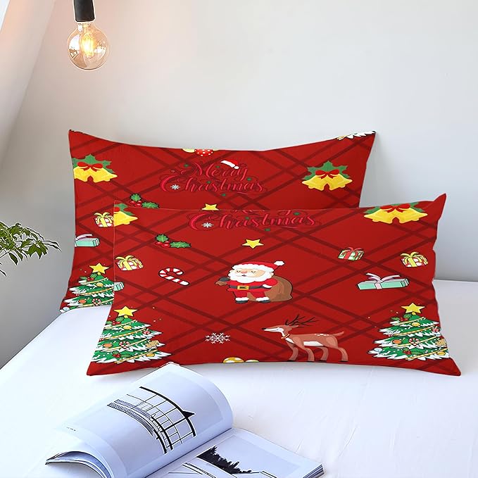 Christmas Duvet Cover Full Size Red Gingham Christmas Bedding Set Kids Boys Girls Xmas Grid Checked Cartoon Deer Pattern Comforter Cover 3 Pieces with Zipper Closure (No Comforter)