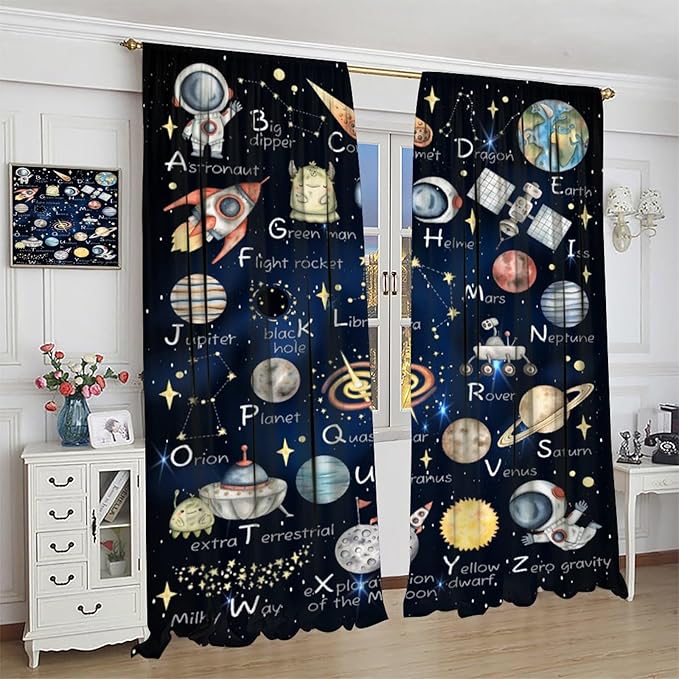 Cartoon Kids Alphabet Astronaut Curtain，Retro Cute Cosmic Galaxy Letter Printed Rod Pocket Blackout Window Treatments for Boys Girls Bedroom Living Room School 63" W X 63" L