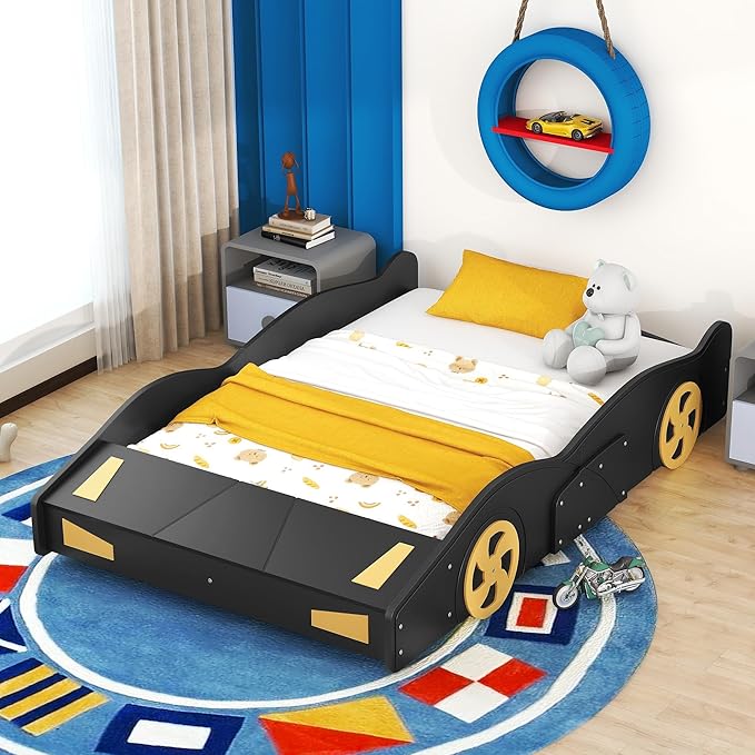 Harper & Bright Designs Full Size Race Car-Shaped Platform Bed with Wheels and Storage, Black+Yellow