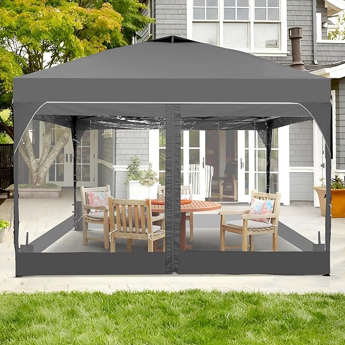 GDY 12x12FT Pop Up Canopy Tent with One Push Setup, Easy Setup Gazebo with 4 PVC Transparent Sidewalls for Events, Parties, Camping, Grey.