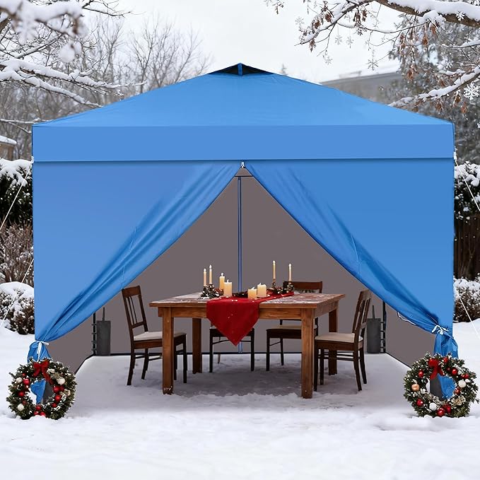 GDY 10x10 Pop Up Canopy Tent with 4 Sidewalls, Easy Set up with One Push Lift Outdoor Silver Coated Beach Gazebos, Carpas with 4 Sandbags, for Pool, Events, Parties, and Camping, Blue.