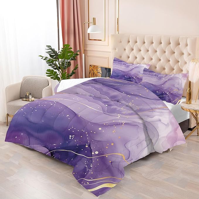 Purple Marble Comforter Set: Full Size Abstract Lavender Bedding Sets Luxury Gold Glitter Aesthetic Marbling Swirl Duvet Bed Set for Teen Girls Women Bedroom Decor 3 Piece