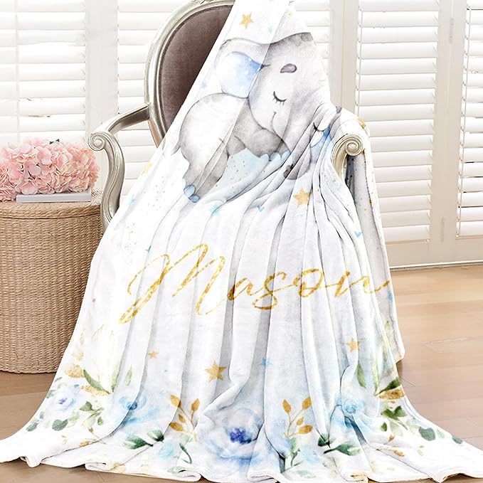 Custom Elephant Blanket with Name for Boys, Personalized Name Blanket for Teen, Soft Flannel Elephant Blankets Customized Gift for Birthday 50"x60"