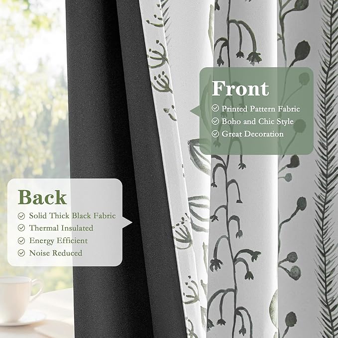 MEETSKY Sage Green Blackout Curtains 84 Inches Long 2 Panels Boho Curtains for Living Room Thermal Insulated Privacy Protection Rod Pocket Drapes for Bedroom, Leaf Print Window Treatment, 50" Wide