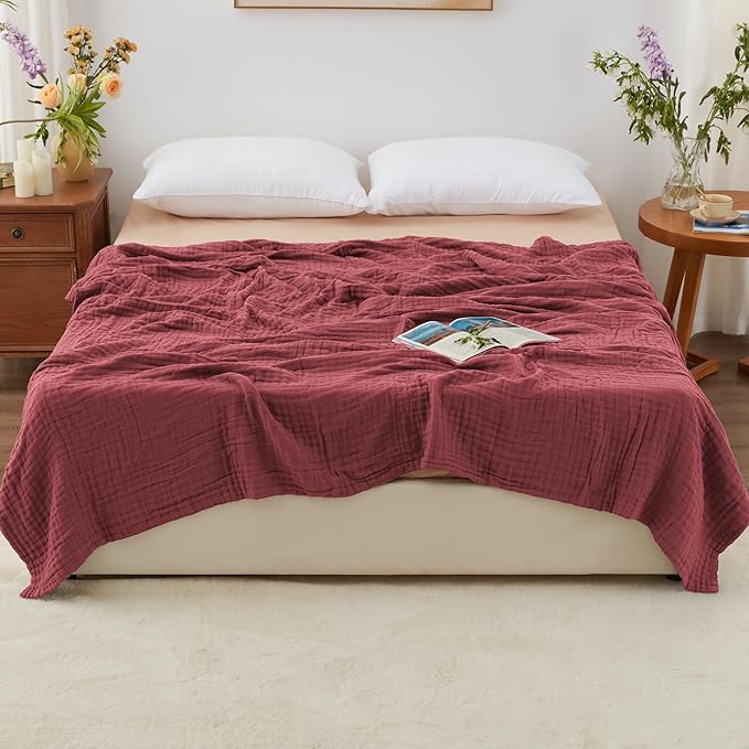 Love's cabin 6 Layer 100% Cotton Muslin Blanket, 90"x90" Muslin Blanket Queen for Couch Bed, Lightweight and Breathable Cotton Gauze for Adult, Wine Red