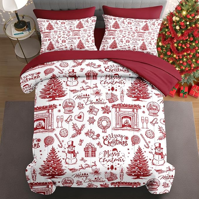 5 Pcs Twin Size Christmas Comforter Set with Pillowcase & Sham, Happy Xmas Red Pine Tree Bedding for Kids and Adults, Merry Winter Bed in a Bag with Flat Fitted Sheet