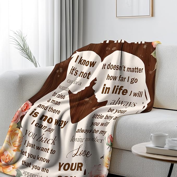 Gifts for Mom from Son, I Love You Mom Blanket, Mother Gifts for Christmas Thanksgiving, Soft Flannel Blanket for Mother for Birthday Mothers Day 50" x 60"