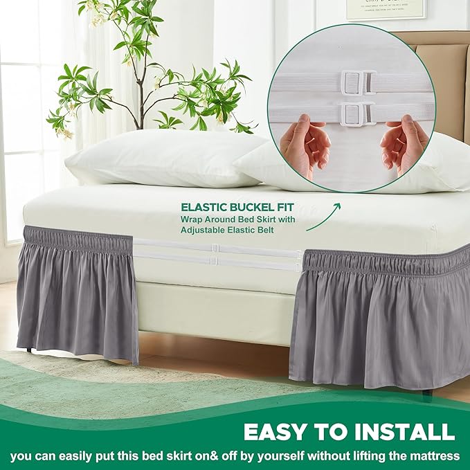 Biscaynebay Wrap Around Bed Skirts for Queen Size Beds Short Drop of 12", Silver Grey Adjustable Elastic Dust Ruffles Easy Fit Wrinkle Resistant Silky Luxurious Fabric Machine Washable