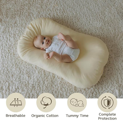 Aila + Aiden Baby Lounger | Organic Cotton Infant Lounger | Adjustable & Portable Floor Lounger |Supervised Use | Soft, Breathable, Washable Cover - Snuggle Collection - (Cream)