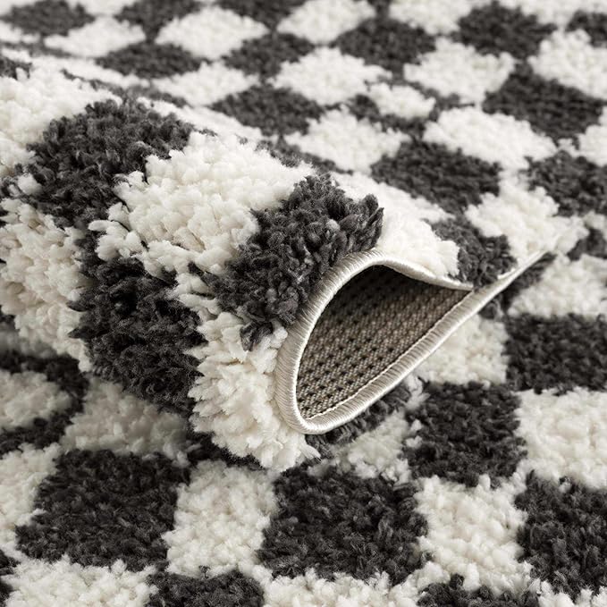 Hauteloom Kieu Contemporary Checkered Fluffy Shag Area Rug - Modern Geometric Soft Carpet Tiles for Living Room, Kids Room, Nursery - Black, White - 18" Sample