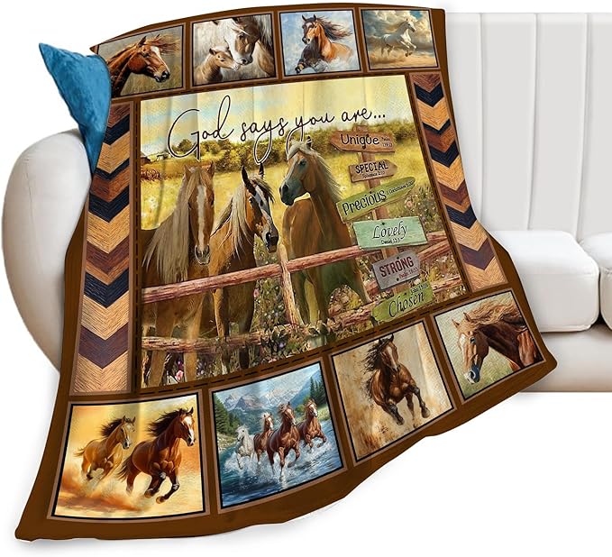 Horse Blanket Motivational God Say You are Throw Blankets Gifts for Girls Boys Cozy Warm Soft Fuzzy Flannel Throws Plush Stuffed Animal Western Horses Fleece Gifts for Men Women for Sofa Bed 50"x60"