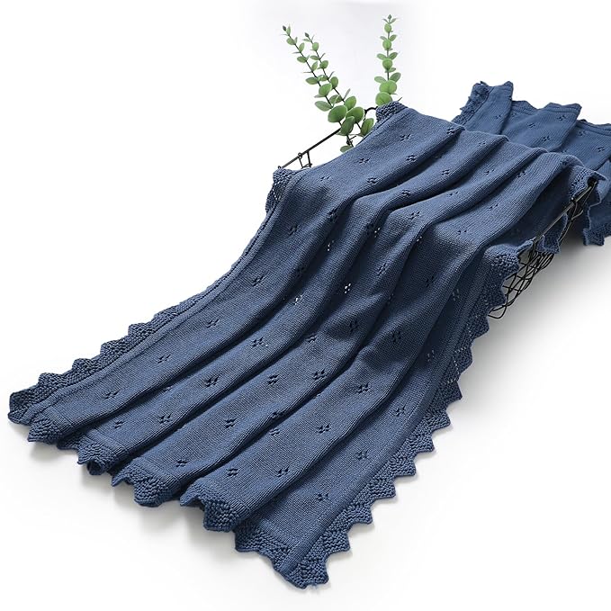 mimixiong Cotton Baby Blanket Knitted Crochet Receiving Crib Nursery Swaddling Blankets for Newborn Baby Boy Girl with The Bunny Rattle (Denim Blue)