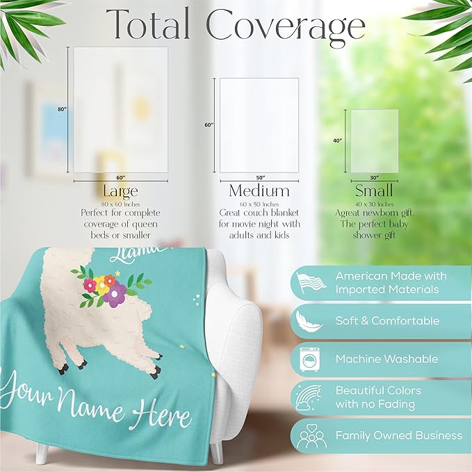 Personalized Llama Throw Blanket with Custom Name for Kids, Women, or Adults, Cute, Comfortable, and Plush with Soft Colors for Bedding, Home Decor, or Travel (Sherpa 60x80)