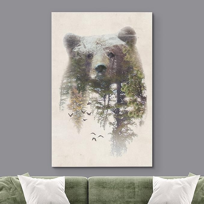 SIGNWIN Canvas Wall Art Bear and Spring Forest Double Exposure Photography Animals Wildlife Digital Art Modern Art Rustic Portrait Edgy for Living Room, Bedroom, Office - 24x36 inches