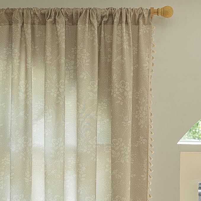ENJOYBRIDAL Floral Curtains 84 Inches Long 2 Panels Light Camel Rustic Drapes Rod Pocket Bedroom Living Room Semi Sheer Window Curtain Panels Floor Length Farmhouse Boho Chic Cute Window Treatments