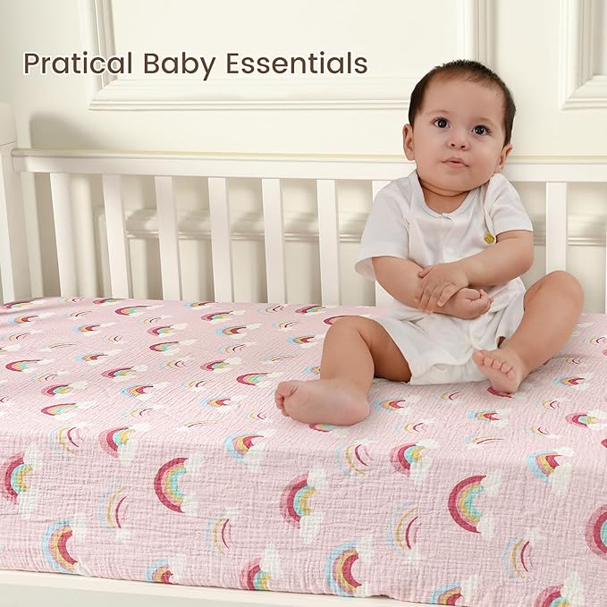 david's kids Muslin Crib Sheets for Girls, 2 Pack 100% Cotton Soft Breathable Fitted Baby Sheet Set, Standard 52"x28" Crib and Toddler Mattress, Rainbow
