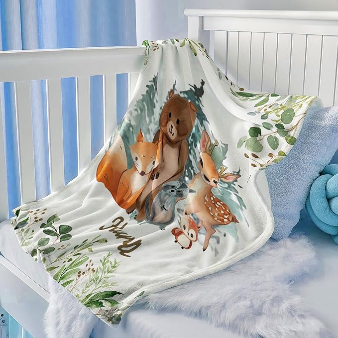 Ship Next Day, Personalized Receiving Baby Blankets for Boys, Custom Woodland Baby Boy Gifts Blanket with Name, Newborn Swaddle Toddler Blanket, Customized Blankets for Kids Christmas Birthday Gifts