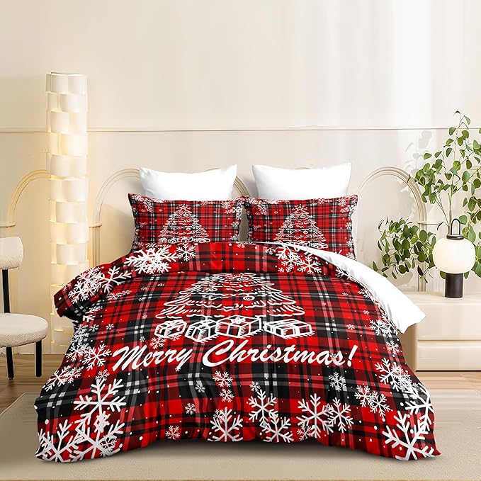 Christmas Duvet Cover King Size Black Red Gingham Xmas Bedding Set 3 Pieces Kids Boys Girls Christmas Tree Plaid Pattern Soft Comforter Cover with Zipper Closure