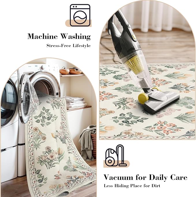 Wonnitar Floral Machine Washable 3x5 Rug, Small Area Rug for Kids Bedroom Nursery, Ultra-Thin Non Slip Soft Moroccan Throw Carpet for Dorm Living Room Large Entryway, Cream Beige