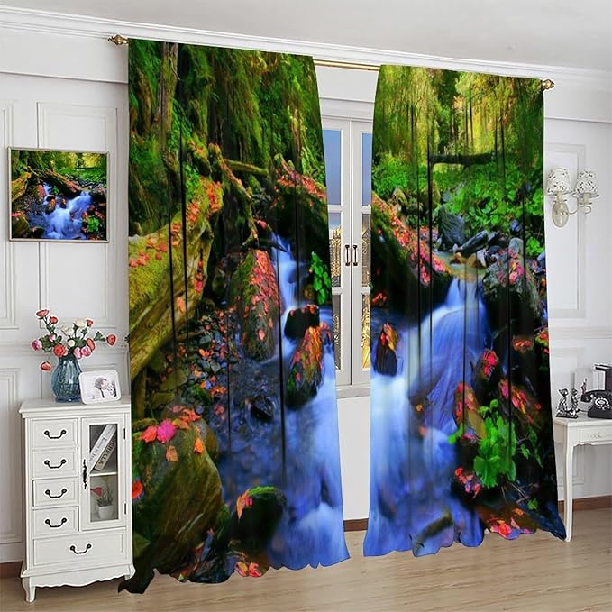 Forest Landscape Blackout Curtains, Natural River Rainforest Waterfalls Plant Print Pattern Window Drapes, for Bedroom Living Room 42" W X 45" L