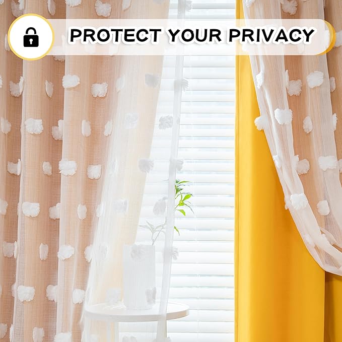 MYSKY HOME Yellow Curtains 90 Inch Long for Bedroom Nursery Curtains for Kids Room Double Layer Curtains for Living Room White Pom Pom Sheer Curtains Grommet Room Darkening Window Panels 52" x 90"