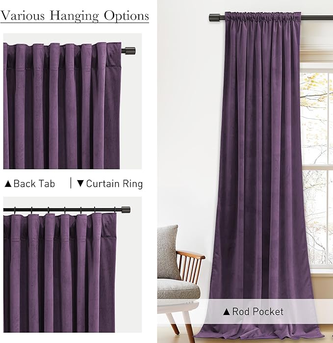 StangH Lavender Velvet Curtains, Room Darkening Thermal Insulated Drapes for Bedroom Living Room, Soft Velvet Window Treatment with Rod Pocket Back, 52x108 inches, 2 Panels