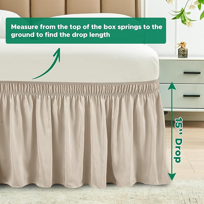 Biscaynebay Wrap Around Bed Skirts for King & Cal King Beds 15" Drop, Light Camel Elastic Dust Ruffles with Adjustable Belts Silky Luxrious Fabric Machine Washable