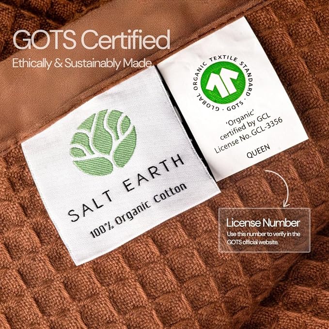 Salt Earth GOTS Certified 100% Organic Cotton Throw Blanket, 108"x90" Waffle Blankets & Throws for Bed, Throw Blanket for Couch, Cozy Christmas Blankets and Throws for Christmas Gifts (Potting Soil)