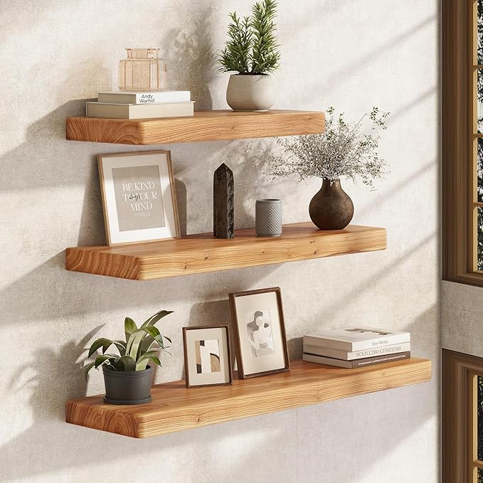 Fun Memories Floating Shelves for Wall, Rustic Wood Floating Shelf for Home Decor, Solid Elm Wood Wall Shelf Heavy-Duty Bracket, Wooden Bathroom Shelves 16 Inches Long Set of 2