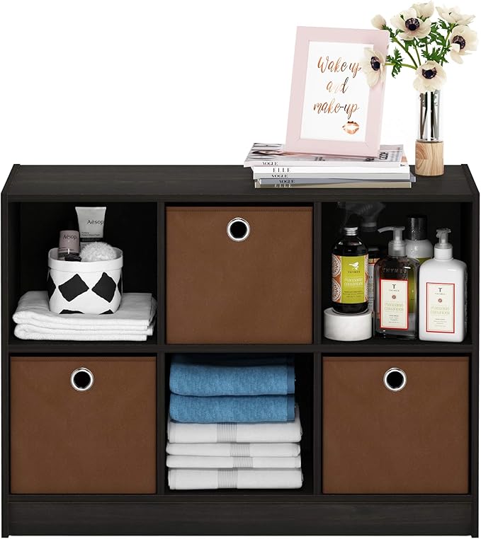 Furinno Basic 3x2 Cube Storage Bookcase Organizer with Bins, Espresso/Brown