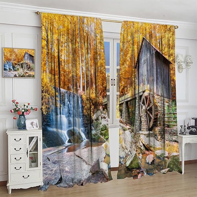 Autumn Waterfall Blackout Curtains, Landscape Fall Waterfall Outdoor Nature Art Window Drapes, for Bedroom Living Room 84" W X 84" L