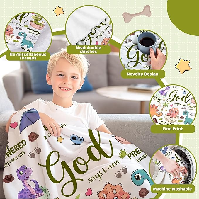 Bible Verse Blanket, Christian Gifts, God Says I am Print Dinosaur Blankets, Meaningful Thoughtful Religious Baptism Gift for Son,Dinosaur Lovers Room Bed Decoration, 50"x60"