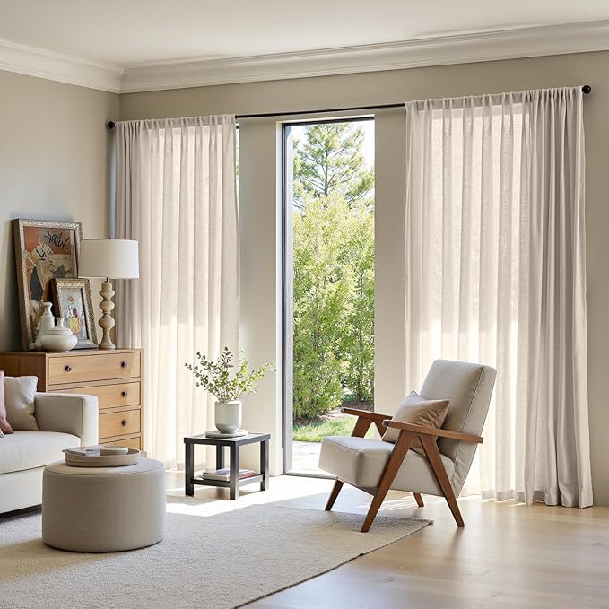 jinchan Linen Blend Curtain 84 inch Length 1 Panel for Sliding Door, Light Filtering 100 inch Extra Wide Living Room Drape with Rod Pocket Back Tab(100W x 84L, Oat)