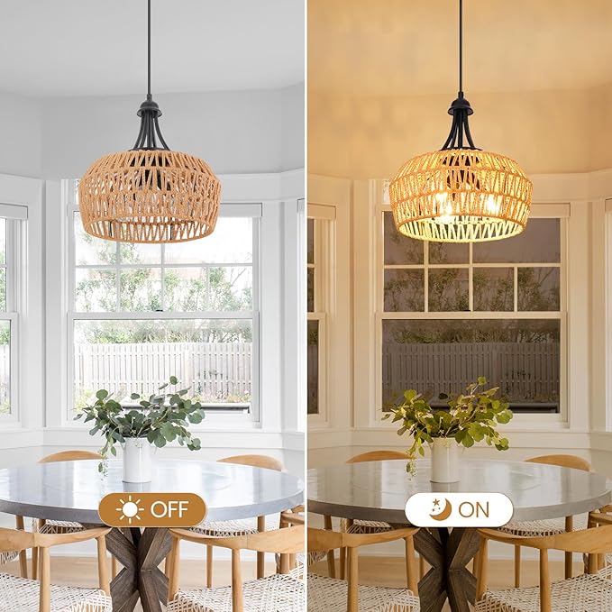 Rattan Pendant Light, 13'' Rattan Chandeliers for Dining Room, Farmhouse Chandelier Light Fixture,Hand Woven Lampshade, Rustic Chandeliers Hanging Light Fixtures for Kitchen Island,Bedroom,Hallway