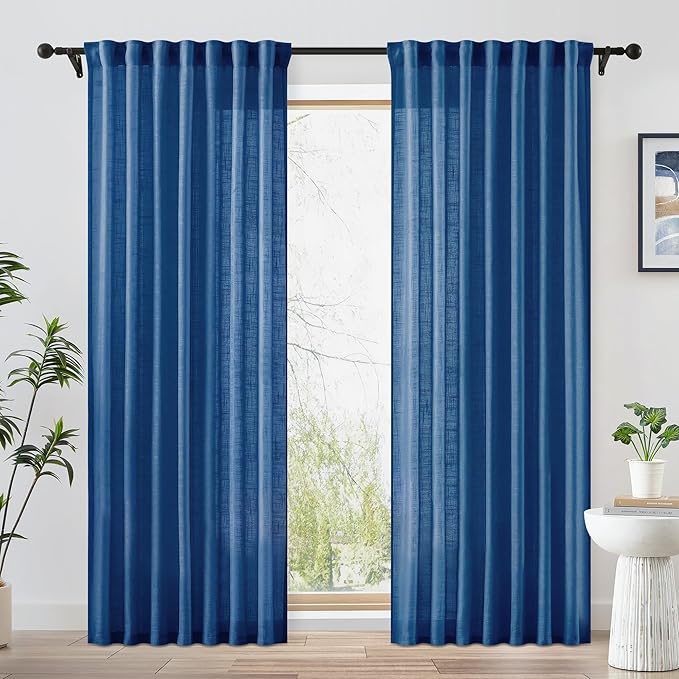 FMFUNCTEX Linen Semi Sheer Curtains 84 Inches Long for Bedroom, Navy Blue Pinch Pleated Curtains for Living Room, Light Filtering Farmhouse Window Drapes Rod Pocket Back Tab 2 Panels Set