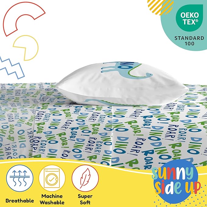 Sunny Side Up Dino Roar Twin Sheet Set - 3 Piece Kids Bedding Set Includes Pillow Cover – Super Soft Dinosaur Microfiber Sheets