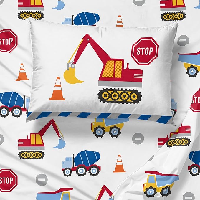 Sunny Side Up Construction Zone Full Sheet Set - 4 Piece Kids Bedding Set Includes Pillow Cover - Super Soft Trucks Microfiber Sheets