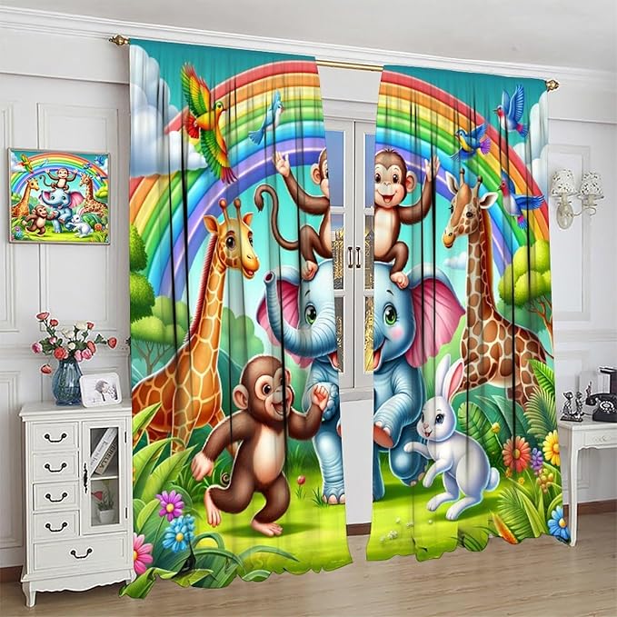 Animals Window Curtain Rod Pocket Kids Boys Girls Forest Giraffe Elephant Monkey Flowers Window Treatment for Baby Children Bedroom Living Room 84" W X 84" L