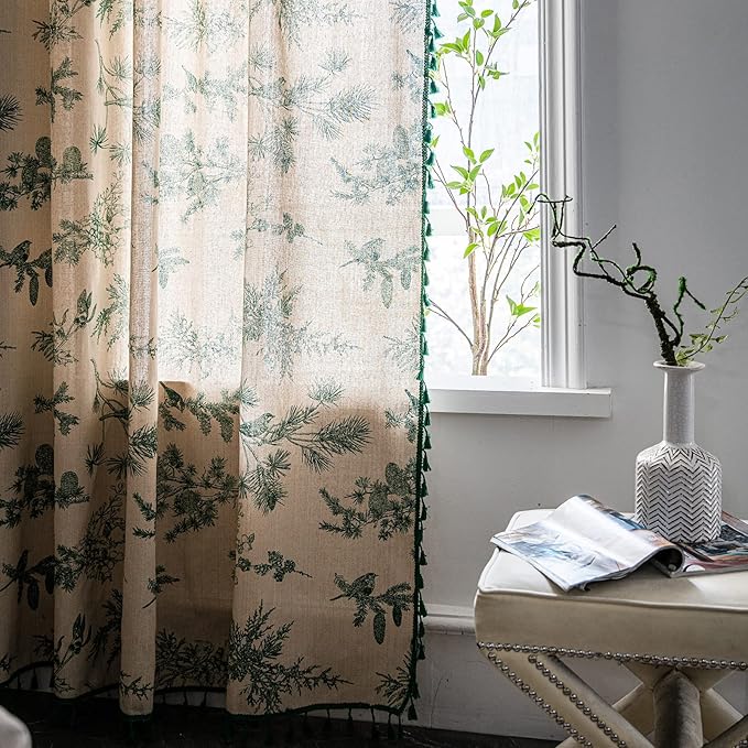 Bohemian Curtains Floral Semi Sheer Drapes 96 Inch Length Cotton Linen Farmhouse Curtain Panels with Tassel Green Botanical Print Rod Pocket Room Darkening Curtain for Living Room Bedroom, 2 Panel