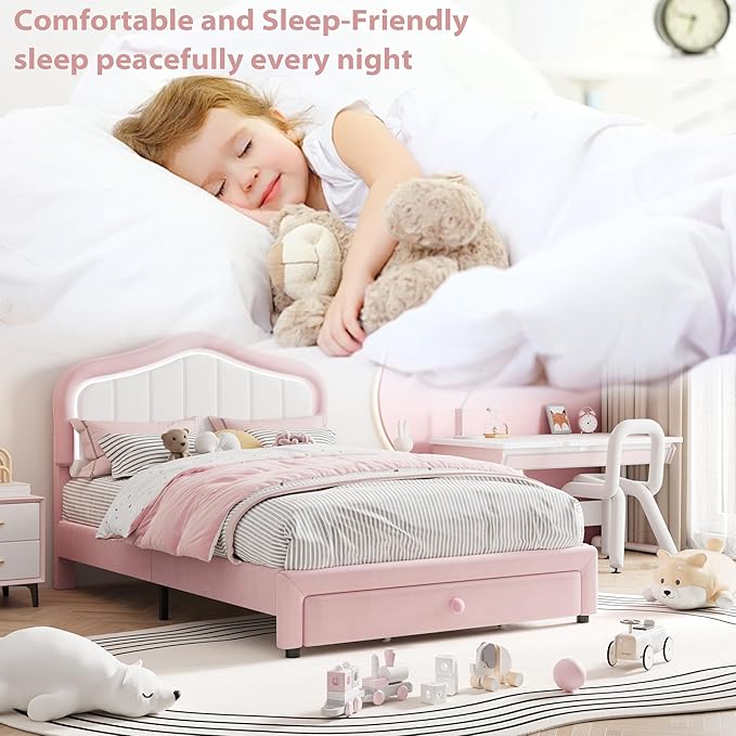 Full Upholstered Bed Frame With Storage Drawer and Smart Led Headboard, Princess Full Size Platform Bed Frames for Kids/Girls, Wooden Slats Support, No Box Spring Needed, Easy Assembly, Pink