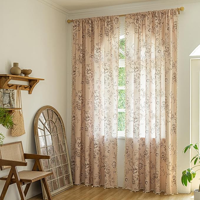 ENJOYBRIDAL Floral Curtains 84 Inches Long 2 Panels Living Room Farmhouse Drapes Bedroom Boho Semi Sheer Flower Window Curtain Panels Floor Length Cute Rod Pocket Botanical Pattern Window Treatments