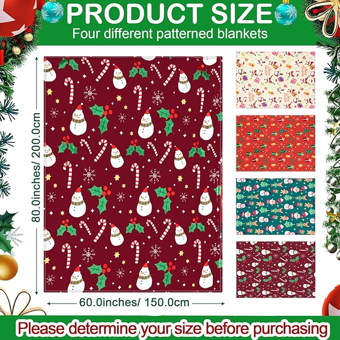 Buryeah 4 Pack Queen Size Christmas Throw Blankets Bulk for Bed Sofa Couch Snowman Gifts Santa Gingerbread Xmas Tree Soft Cozy Christmas Plush Flannel Blanket Home Decor Xmas Supplies, 60 x 80 Inches
