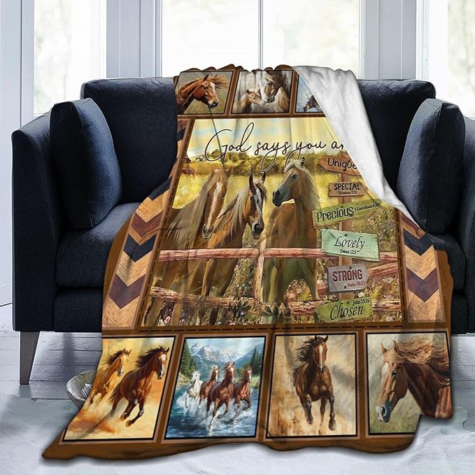 Horse Blanket Motivational God Say You are Throw Blankets Gifts for Girls Boys Cozy Warm Soft Fuzzy Flannel Throws Plush Stuffed Animal Western Horses Fleece Gifts for Men Women for Sofa Bed 50"x40"