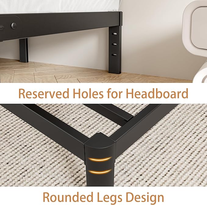King Size Bed Frames 16 Inch, Metal Black King Bed Frame No Box Spring Needed, DIY Headboard Holes, Heavy Duty Steel Support 3500 LBS, Noiseless, Round Corner Leg, Storage Space, Easy Assembly