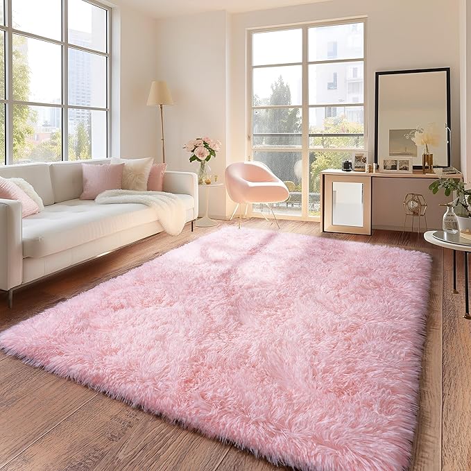 Pink Rug for Living Room, 8x10 Area Rug for Cute Girls Room, Bedside Indoor Floor Fluffy Shag Carpet, Plush Soft Rug for Bedroom Nursery Dorm Home Decor